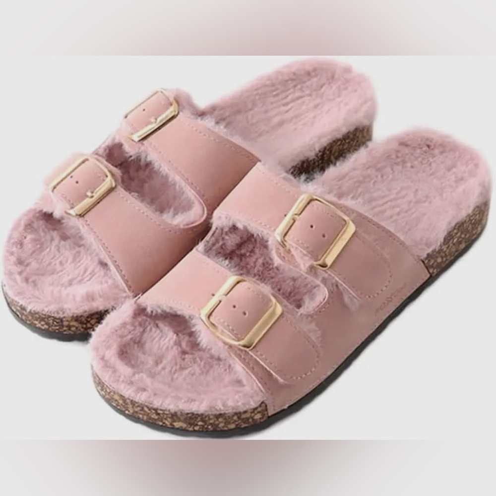 Pink Double Buckle Feather Adjustable Straps Sandals